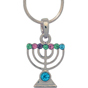 White Rhodium Menorah Pendant with Various Multi-Color Crystals